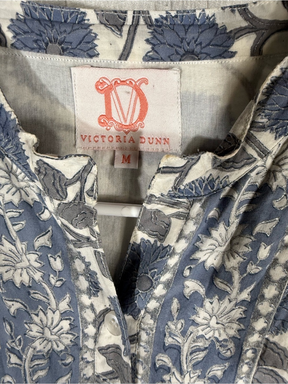 Victoria Dunn Blue Floral Block Print Cotton Midi Dress Made in India | M - Picture 4 of 14